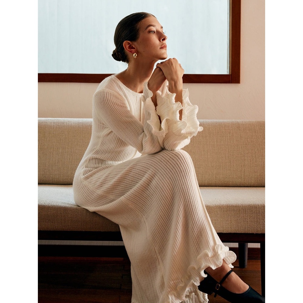 Commense Semi-Sheer Ruffled Sleeve Knit Maxi Dress Long Sleeve White size M
